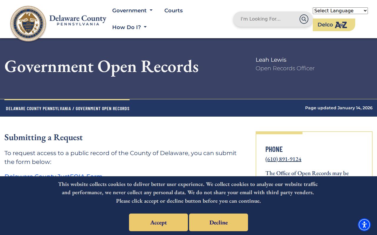Haverford Township residents directory Delaware County open-records request page